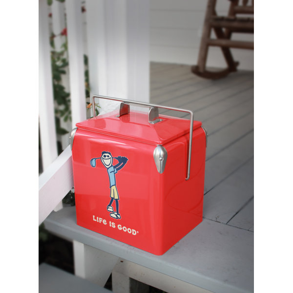 Leigh Country 14 Quart Portable Cooler - Officially Licensed Life Is Good "Jake Golfing" Design, Red Metal Cooler